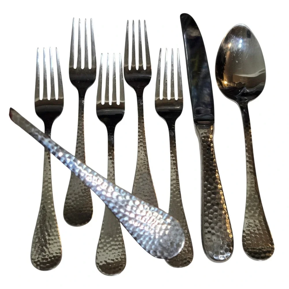8 Wallace Continental Hammered 18/10 Stainless Steel Flatware Salad Forks Spoon